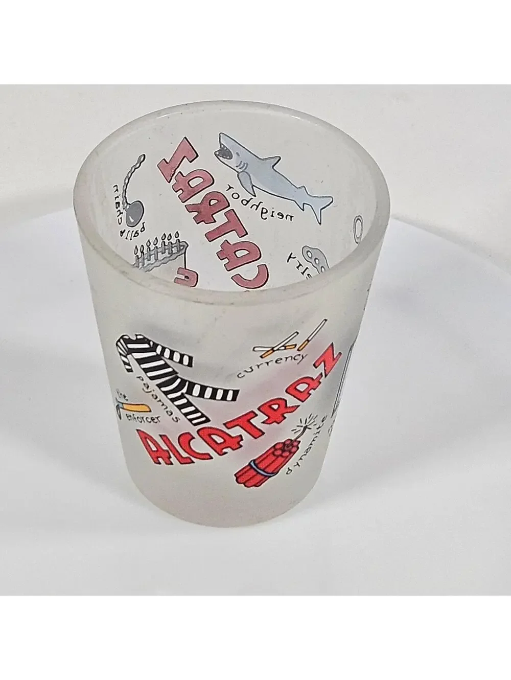 Vintage Alcatraz Frosted Shot Glass Prison Humor Novelty San Francisco Souvenir